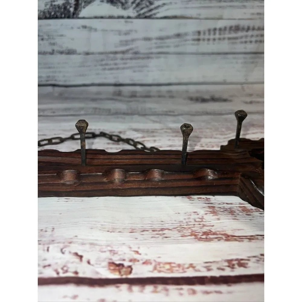 Rare‎ Vintage Hand Made Brown Wood Key Rack Wooden Primitive Chain Iron Hanging